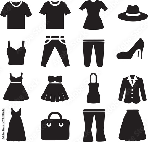 Black silhouette icons of clothing and accessories on white Keywords: t-shirt, dress shirt, women's