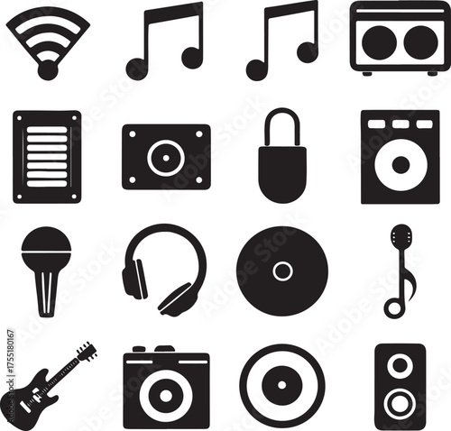 Collection of Music and Audio Related Icons in Black Silhouette sound technology