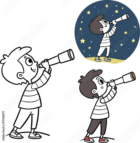 Silhouette of a person looking at stars through telescope in circle of light isolated on transparent background