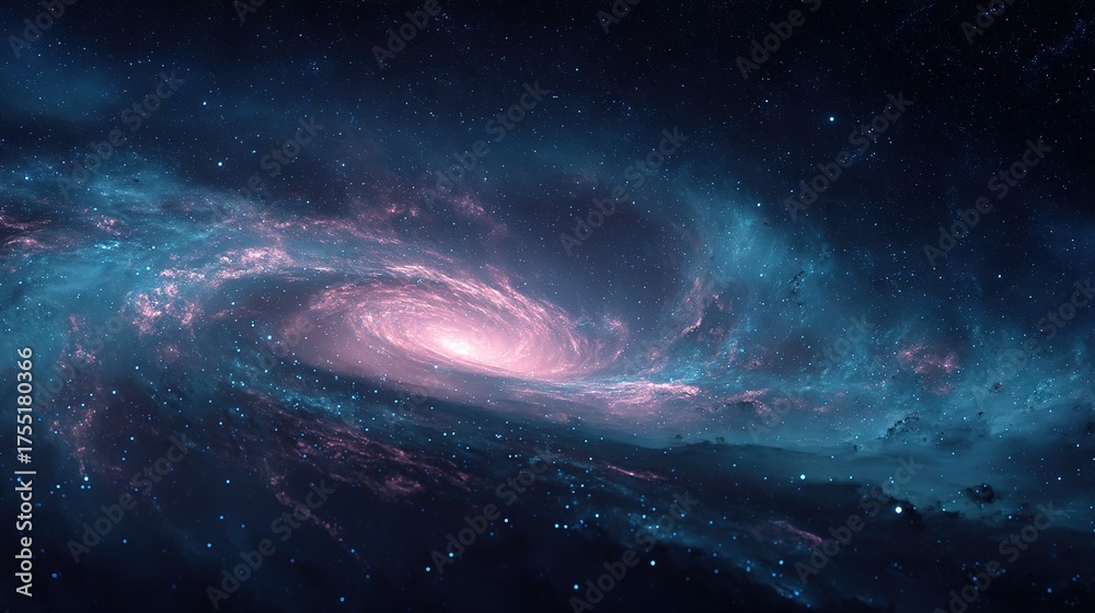 Obraz premium Majestic spiral galaxy glowing in deep space, cosmic swirl of blue and pink nebula gas clouds with stars and galactic dust, representing infinity, cosmic energy, and the mystery of the universe. Perfe
