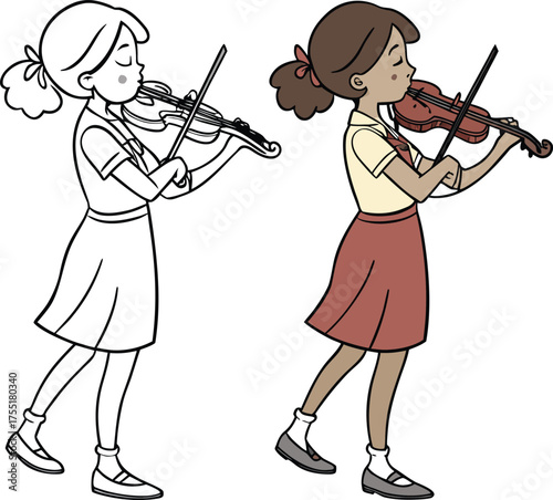Young girl playing violin performing classical music outdoors scene isolated on transparent background