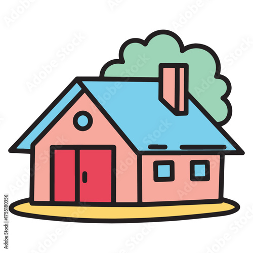 Vibrant flat vector illustration of a charming single-family house with a blue roof and green tree, perfect for real estate, community, or home-related design projects and property visuals