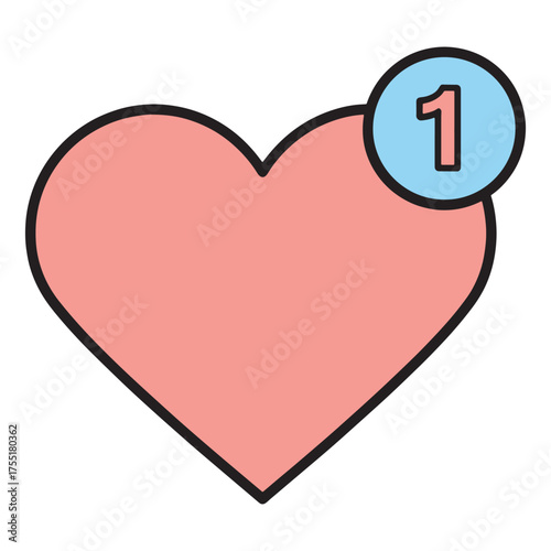 Flat vector illustration of a pink heart with a notification badge showing the number one