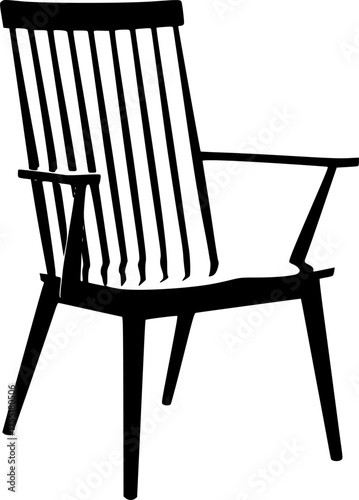 A simple wooden armchair with a slatted back and arms isolated on white background silhouette
