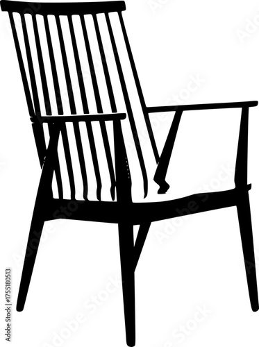A simple wooden armchair with a slatted back and arms isolated on white background silhouette
