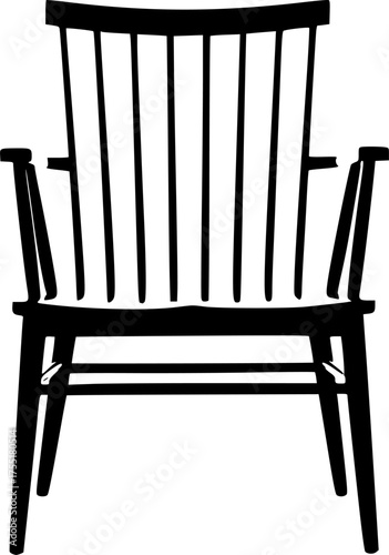 A simple wooden armchair with a slatted back and arms isolated on white background silhouette
