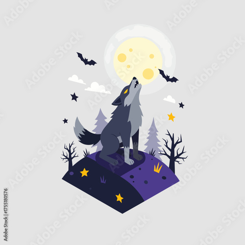 Illustration of a wolf howling at the moon with bats in the night sky