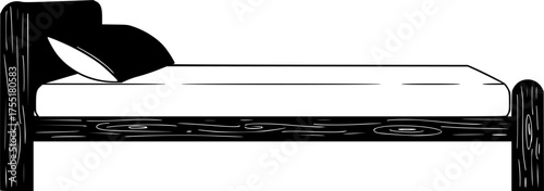 Simple wooden bed frame with pillow silhouette isolated on white background
