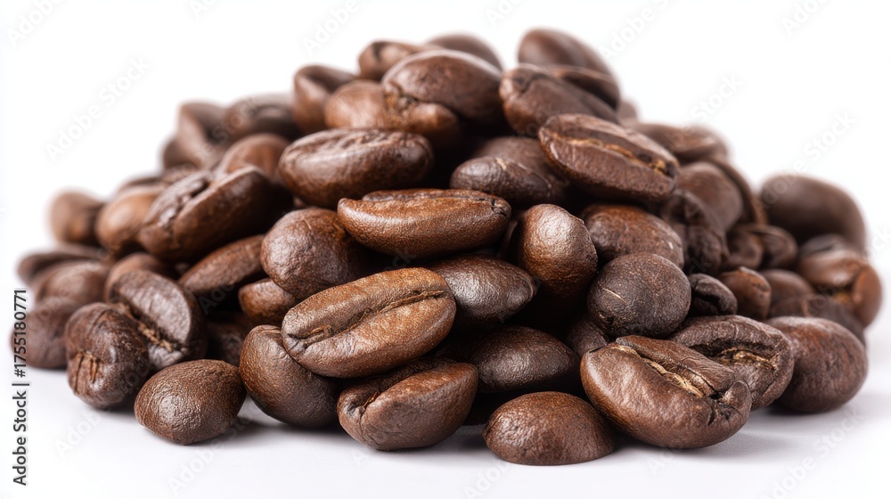 Fototapeta premium A delightful pile of roasted coffee beans rests on a white surface ready to be ground and brewed.