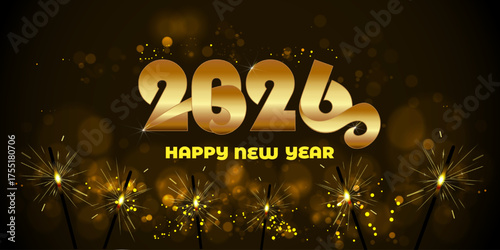  Elegant golden 2026 Happy New Year background with glowing sparklers, festive lights, and bokeh effect on dark backdrop. Perfect for holiday cards, party invitations, and web greetings