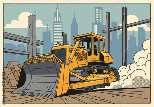 Retro Illustration of a Powerful Bulldozer Working on an Urban Construction Site for City Development