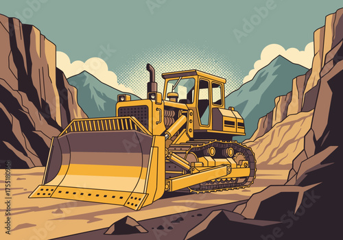 Powerful Yellow Bulldozer Earthmoving in a Rugged Mountainous Landscape - Heavy Construction Equipment Illustration