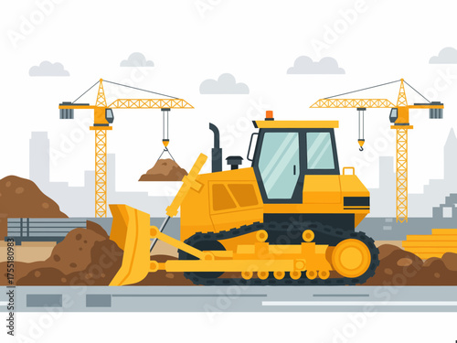 Heavy Equipment Operating on an Industrial Construction Site with Cranes and Urban Development