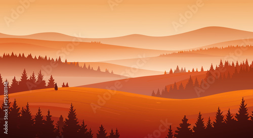 Misty autumn hills with orange and brown tones in the landscape  