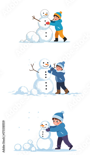 Child building snowman with joy in winter outdoorsbackground, vector, set  