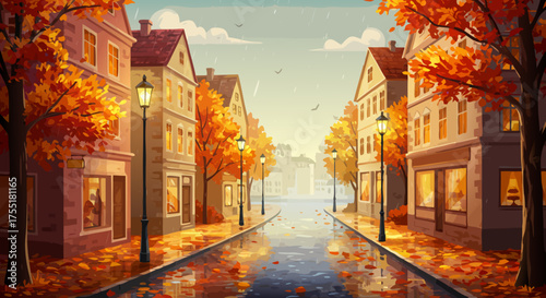 Autumn street with colorful trees and reflections on wet pavement, background, vector
