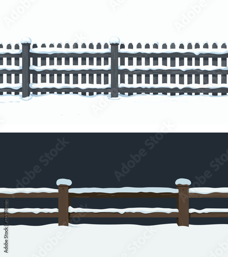 Wooden fence covered in snow against a white background  