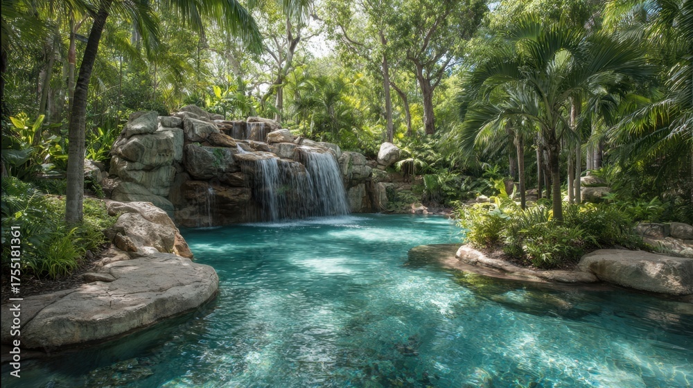 Naklejka premium Water from the waterfall empties into a sparkling pool nestled among vibrant tropical plants.