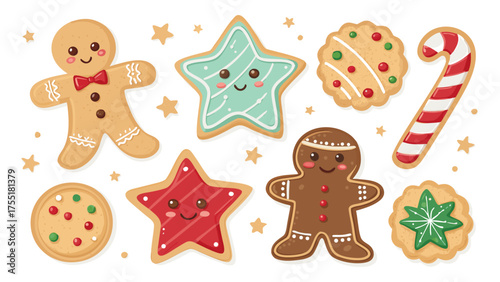 Cute christmas cookies gingerbread man star candy cane holiday treats festive baking season vector illustration