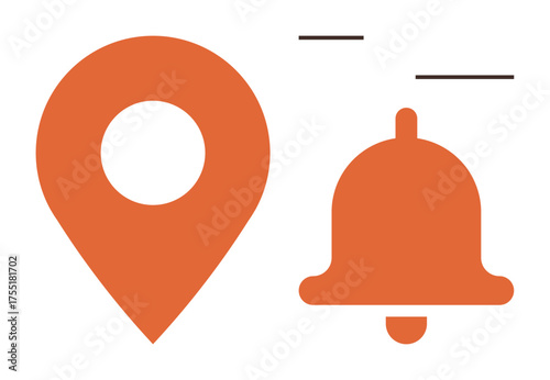 Location pin and ringing notification bell in flat orange design. Ideal for maps, alerts, notifications, navigation, reminders, mobile apps, and communication. Simple flat metaphor