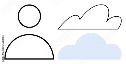 Simple outline of a person next to black and blue clouds conveys human connection, thoughts, ideas, creativity, technology, networking, individuality, and simplicity. Ideal for abstract flat metaphor