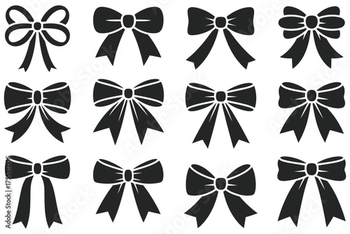 Black ribbon bow silhouette collection in vector style, isolated on white, ideal for decoration, gift wrapping, festive packaging, wedding design, craft projects, and elegant fashion elements.