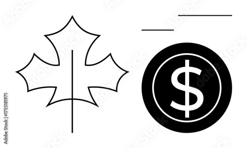 Black maple leaf paired with a dollar coin, symbolizing Canadian economy, nature, business, growth, sustainability, trade, and finance. Ideal for economy nature international trade finance