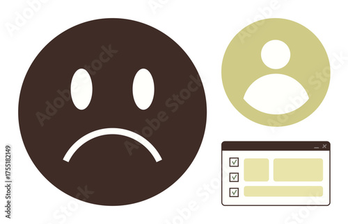 Frowning face symbol beside user avatar and checklist. Ideal for feedback, usability testing, evaluation, dissatisfaction, productivity, performance assessment, communication. Simple flat metaphor