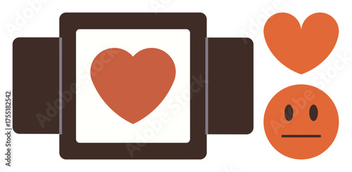 Heart framed by film strip with neutral face and matching heart icon, emphasizing love, relationships, emotions. Ideal for storytelling, connection, passion, creativity feelings art. Simple flat
