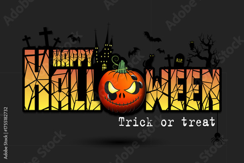 Happy Halloween. Trick or treat. Bowling ball inside frightening pumpkin. Pattern for banner, poster, greeting card, invitation. Vector illustration on an isolated background