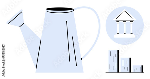 Large watering can pouring growth with a rising bar chart and classical building. Ideal for finance, investment, business growth, nurturing ideas, sustainability, education, minimal design, simple