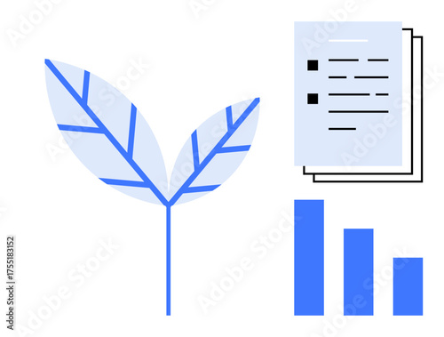 Leaf symbolizing nature alongside documents and bar chart representing data and planning. Ideal for sustainability, business strategy, eco-reports, renewable energy, green economy, education, simple