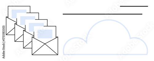 Multiple open envelopes containing messages next to a cloud graphic, symbolizing digital communication and cloud storage. Ideal for email marketing, data exchange, cloud storage, digital messaging