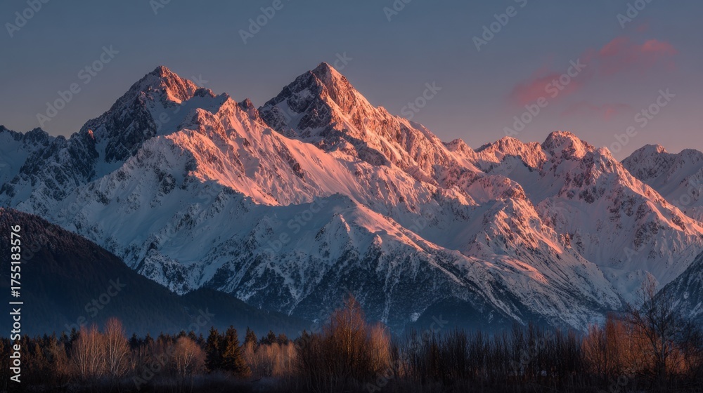 Obraz premium Snow covered peaks glow softly as the sun rises illuminating the surrounding landscape.