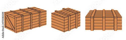Wooden boxes. Cartoon shipping wooden chests, delivery wood paneled boxes flat vector illustration set. Delivery package collection on white