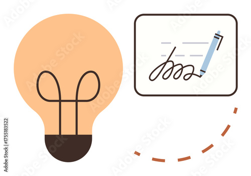 Lightbulb representing ideas and creativity alongside a signed document with a pen in motion. Ideal for writing, brainstorming, innovation, agreements, creativity, intellectual property, education
