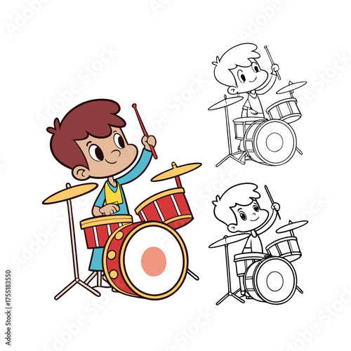 Animated young boy enthusiastically playing drums with drumsticks and drum set isolated on transparent background