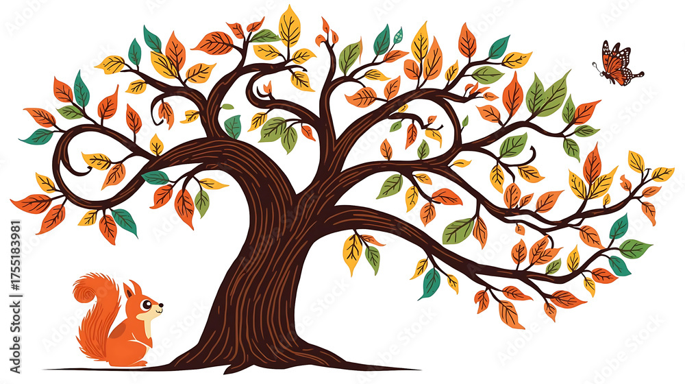 Obraz premium An illustration of an autumn tree vector with yellow and orange leaves on a branch, perfect for seasonal design and nature art