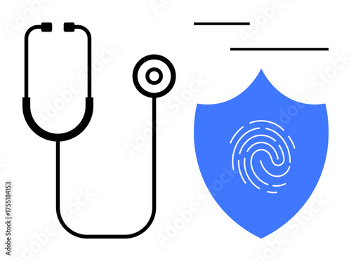 Stethoscope alongside a shield with fingerprint, symbolizing healthcare, digital security, and privacy. Ideal for healthtech, cybersecurity, privacy, medical care, encryption technology simple flat