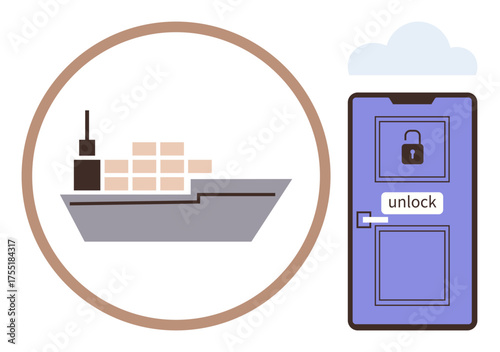 Cargo ship carrying containers paired with a locked and unlocked door. Ideal for global trade, logistics, access control, security, trade agreements, data privacy, export solutions, simple flat