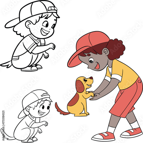 Child wearing a hat and playing with a puppy joyful companion love friendship animal care concept isolated on transparent background