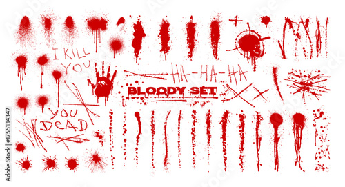Bloody Splatter and Horror Handprint Graphic Elements Set. Red blood splatters, drips, handprints, and horror-themed scribbles. Grunge design elements with splashes, traces, drops. Vector graphic set