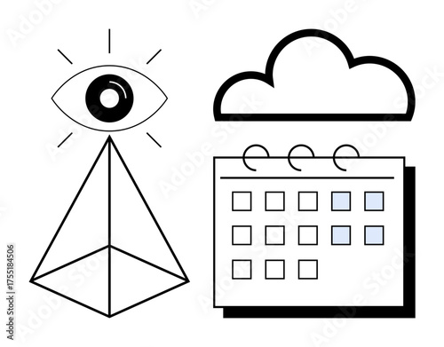 Eye atop pyramid next to cloud and calendar conveys vision, structure, and future planning concepts. Ideal for scheduling, forecasting, productivity, analytics, decision-making, mindfulness simple