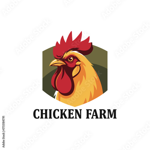 A vibrant logo featuring a close-up illustration of a rooster's head with a red comb and wattle, set against a hexagonal background, with the text "CHICKEN FARM" below.