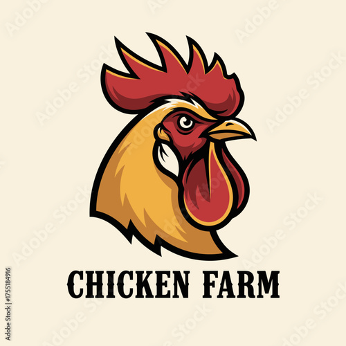 Stylized rooster head logo with red comb and wattle, golden-yellow feathers, and 'CHICKEN FARM' text below, on a light background.
