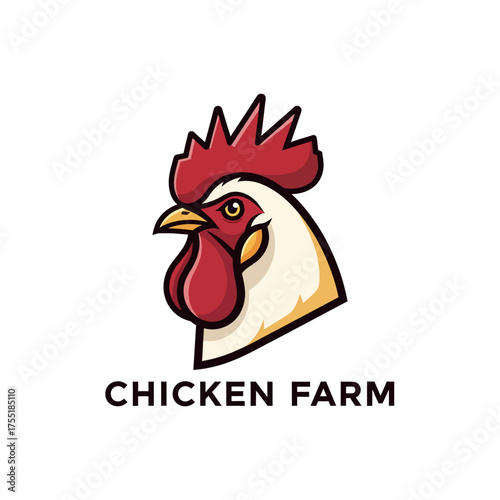 A modern and bold logo featuring a rooster's head for a chicken farm business.