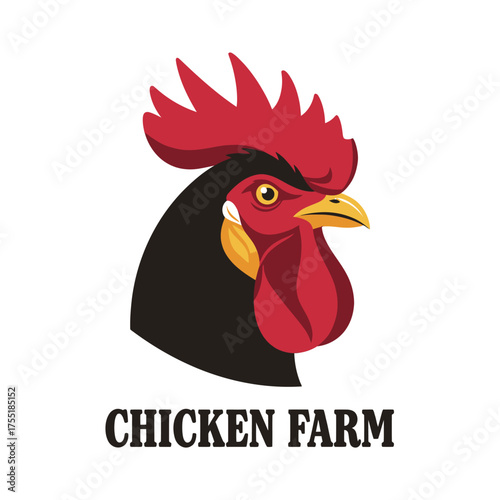 Stylized rooster head logo with black body, red comb, and "CHICKEN FARM" text on a white background.
