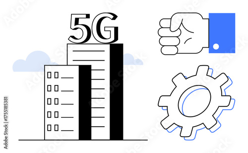 Modern building with bold 5G text, blue-colored gear for innovation, and clenched fist gesture for strength. Ideal for tech development, innovation, communication, efficiency, power, connectivity