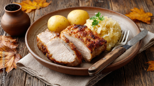 Traditional bavarian roast pork with sauerkraut and dumplings on rustic table setting