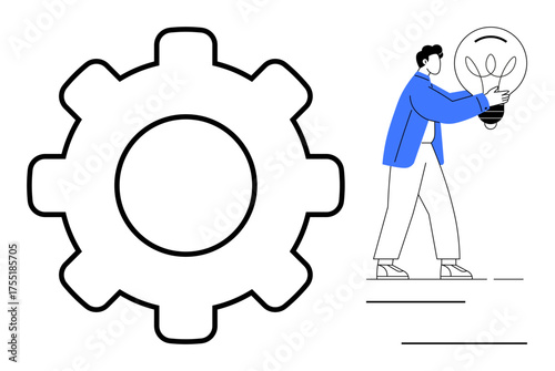 Man holding a glowing lightbulb beside a large gear symbolizing innovation, teamwork, and solutions. Ideal for innovation, creativity, teamwork, problem-solving, development, strategies